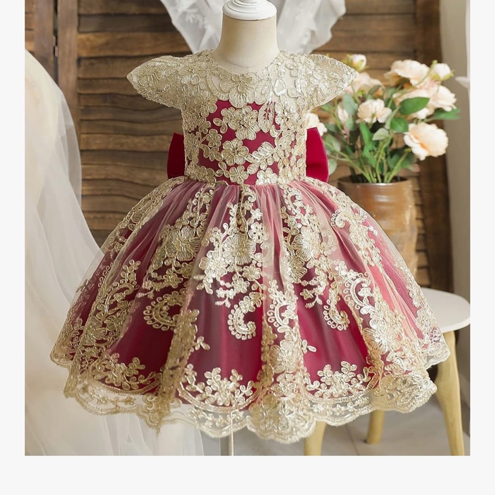 Elegant Red and Gold Lace Dress
